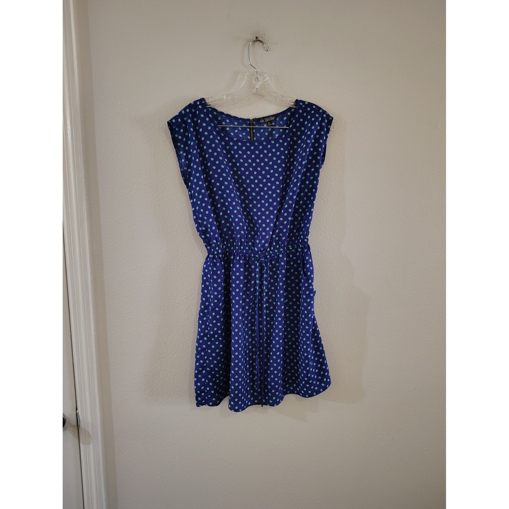 BeBop Blue Polka Dot Sleeveless Mini Dress Medium Elastic Waist Back Zip Pocket